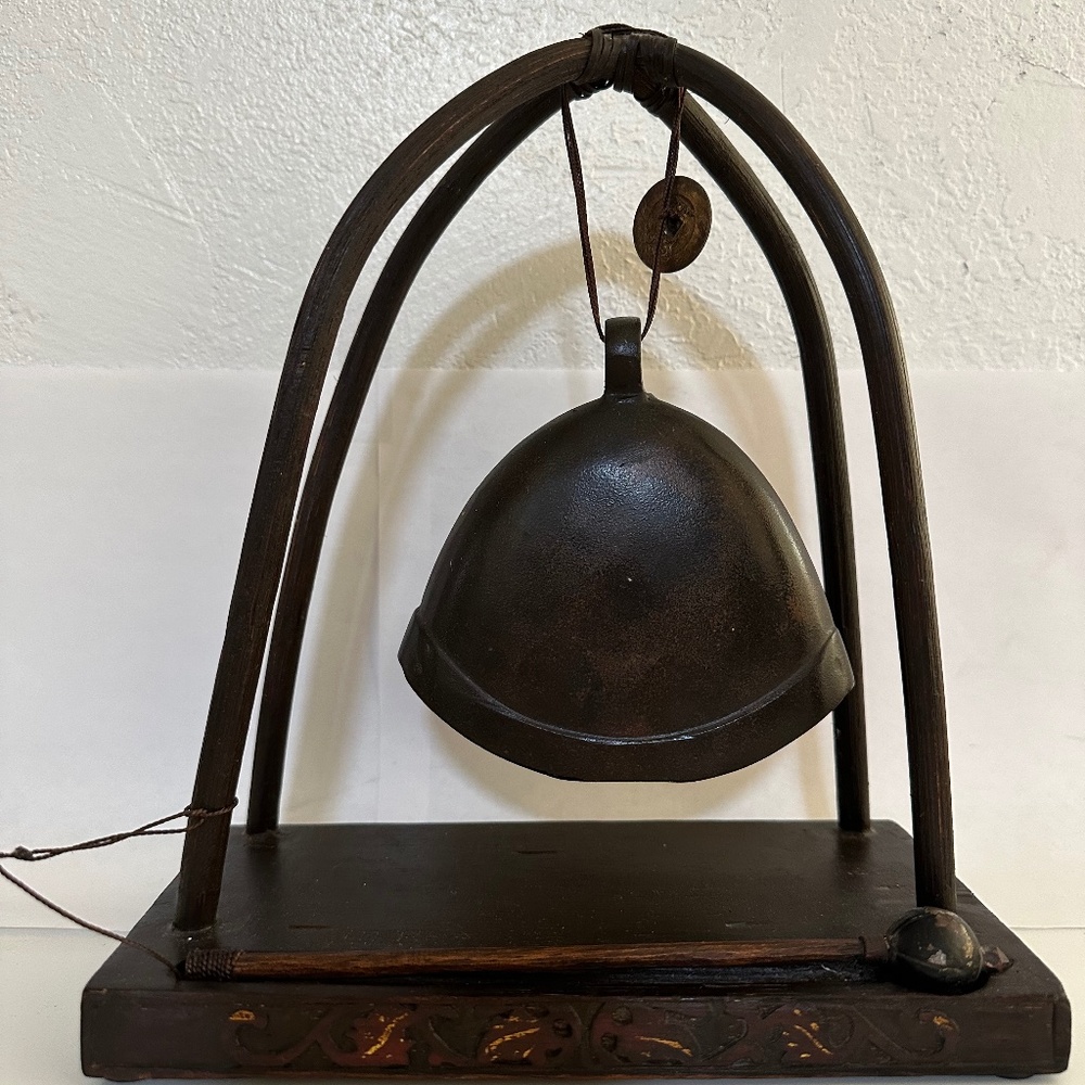 Vintage Burmese/Thai Bronze Bell in Carved Wood Cradle with Striker